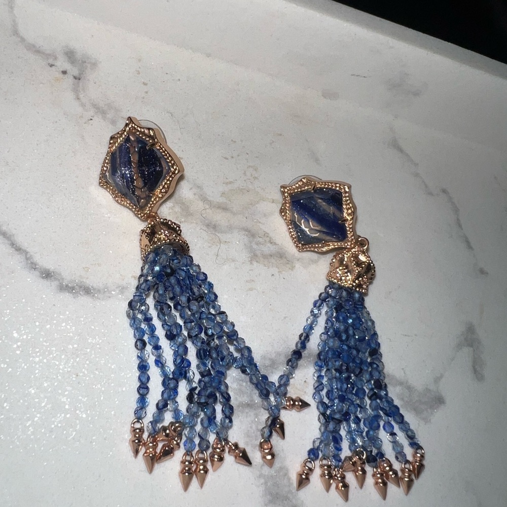 Kendra Scott Misha Rose Gold Blue Dangle Tassel Earrings Statement